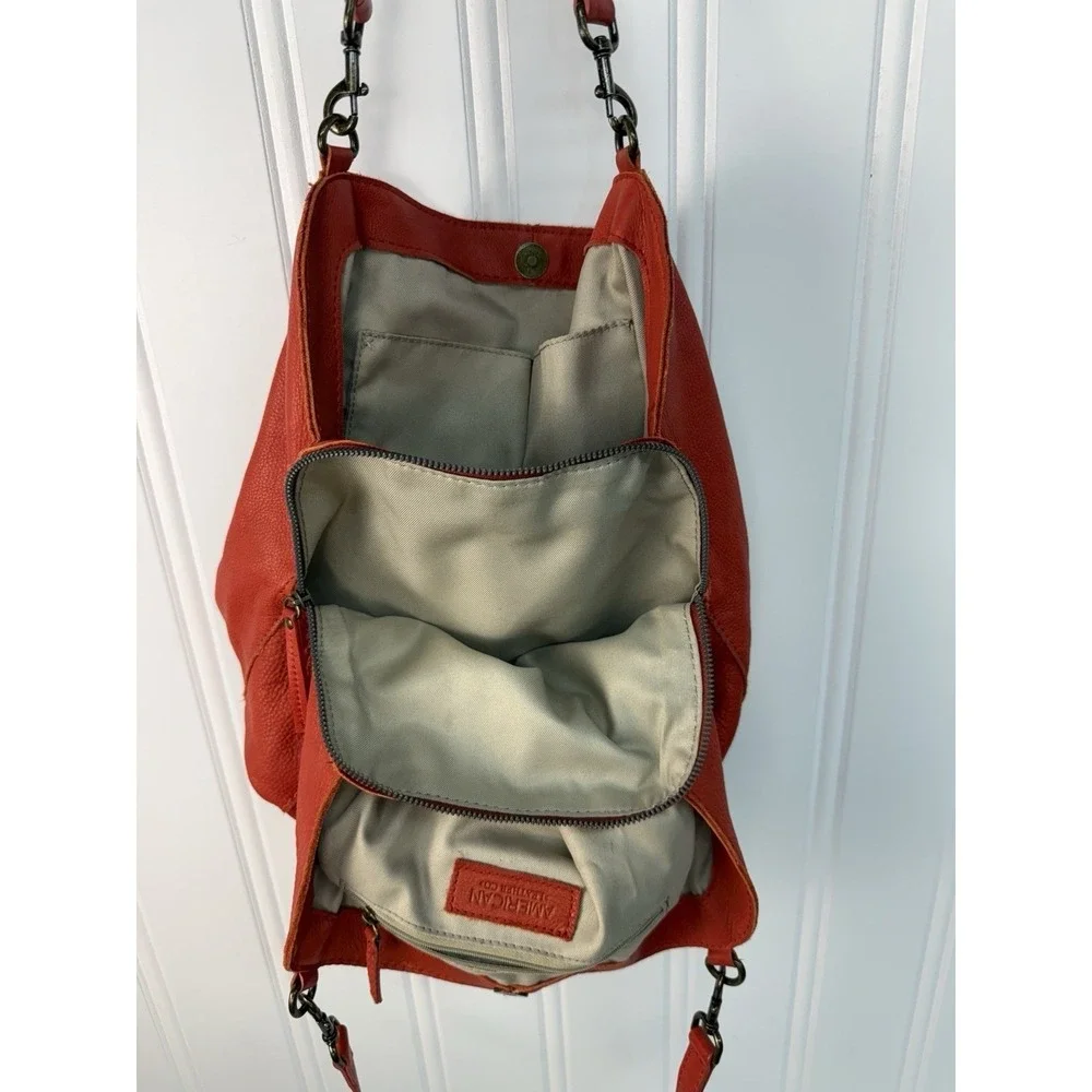 American Leather Co. Austin Triple Entry Bucket Purse Red Hobo Bag